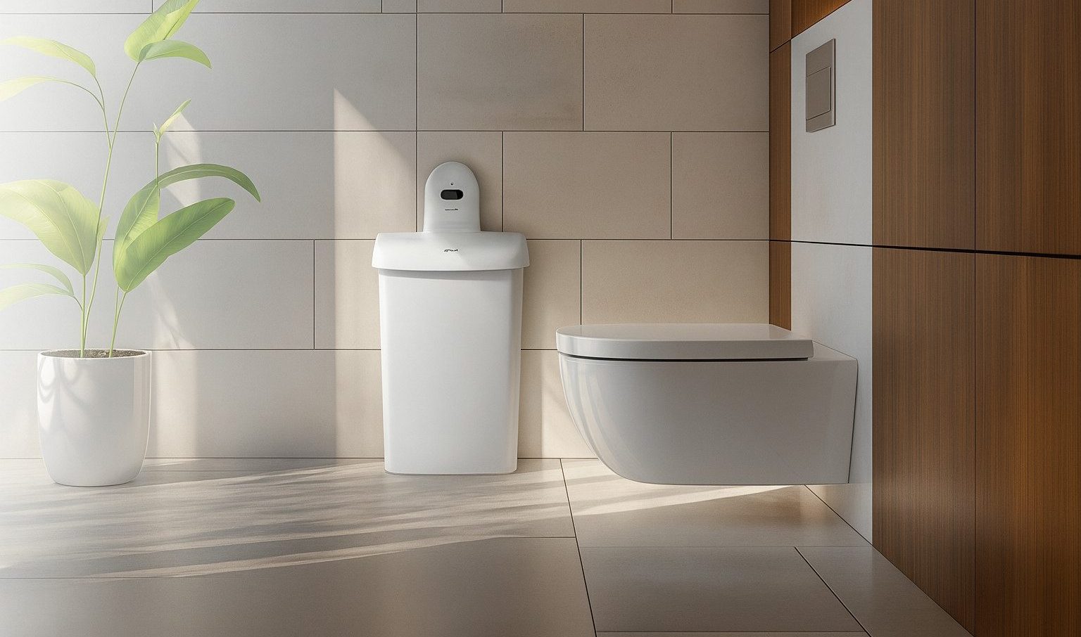 Heller moderner Waschraum mit CWS Hygienebehälter non touch weiß