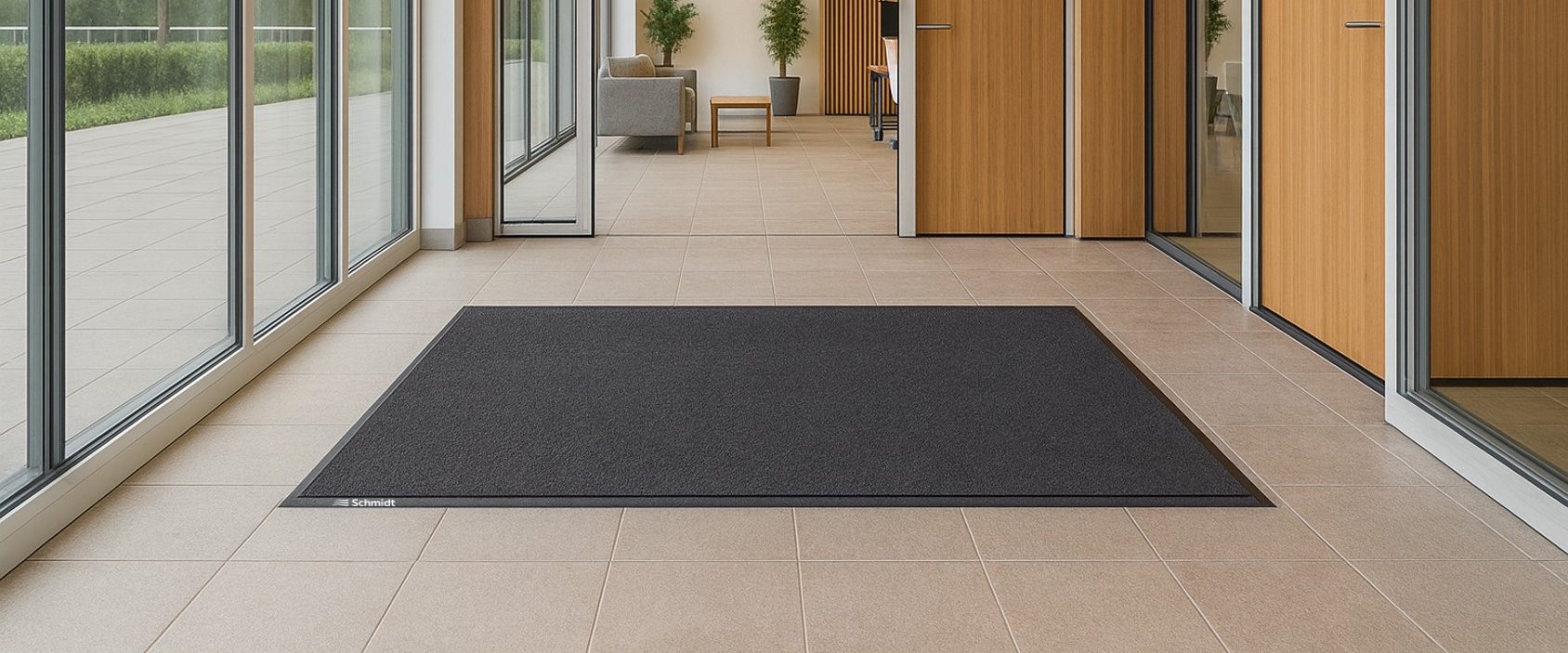 Mietmatte anthrazit in modernem Bürogebäude